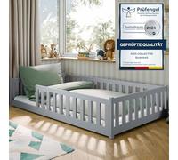 Kids Collective Lit pour Enfants au Sol 120x200 cm avec barrière de sécurité, Matelas et sommier à Lattes, lit Montessori pour Enfants et Adolescents, Simple | Gris Cendre