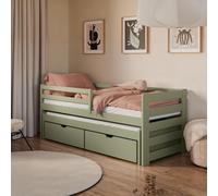 Kids Collective Lit simple 90 x 200 cm avec lit gigogne 90 x 190 cm avec deux tiroirs, protection anti-chute et sommiers à lattes, en bois massif vert olive, lit pour enfant fonctionnel, de 4 à 18 ans