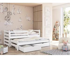 Kids Collective Lit Simple 90x200 avec lit gigogne 90x190 avec Deux tiroirs, Protection Contre Les Chutes et sommiers à Lattes, Bois Massif en Blanc, lit Fonctionnel pour Enfants