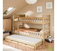 Kids Collective Lit superposé 90x200 pour 3 Enfants, avec 2 tiroirs, Protection antichute, Transformable en 3 Lits Simples, sommiers Inclus, Bois Naturel, idéal de 4 à 16 Ans.
