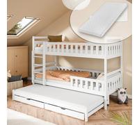 Kids Collective Lit superposé 90x200 pour 3 Enfants, avec 2 tiroirs, Transformable en 3 Lits Simples, sommiers et 3 Matelas Inclus, Blanc, idéal 4 à 16 Ans