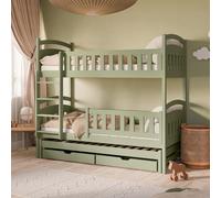 Lit superposé enfant 90x200 cm - Avec lit gigogne - Lit enfant avec sommier et tiroirs - Lit 3 places - Pin massif - Vert olive