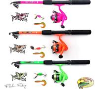Kids Fishing Starter Kit-Green/Orange/Hot Pink Telescopic Combo Rod With Reel,Line,Spinning Spoon & Lure,Green,1.65m