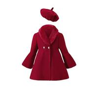 Kids Girls Trench Coat Fall Winter Outfits Toddler Long Sleeve Dress Coat with Beret Hat Set 2Pcs Warm Clothing Set Festive Toddler Xmas Clothes (Red, 5-6 Years) l1518