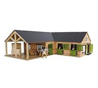 Kids Globe Farming 610211 Centre équestre en Bois 1:24 avec 3 boîtes, Jouet de Cour à Chevaux, avec Toit Pliable Pratique, pour Toutes Les Figurines d'animaux courantes