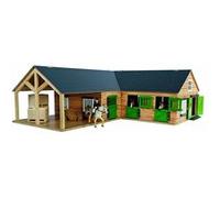 Kids Globe Farming 610211 Centre équestre en Bois 1:24 avec 3 boîtes, Jouet de Cour à Chevaux, avec Toit Pliable Pratique, pour Toutes Les Figurines d'animaux courantes