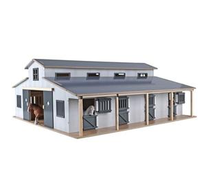 Kids Globe Horses Écurie pour Chevaux (7 Boxes pour Chevaux, avec Surface de Stockage dans Le Toit, échelle 1:24, écurie pour Chevaux Ferme, Accessoires de Ferme pour Enfants, Jouet de Ferme) 610311