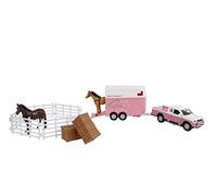 Kids Globe Traffic Die Cast Mitsubishi with Horse Trailer, Fence, Horses, Fence, Feed Bales (Pink, 27 cm) 520205