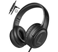 Kids Headphones for School with Microphone 85/94 dB Volume Limiter Jack 3.5 mm Foldable Wired Headphones with Shareport for Girls (Black)