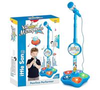 Kids Microphone with Stand, All in One Microphone Toy, Portable Karaoke Machine Singing Toy with Built-in Music, Colorful Flashing Lights & Echo Effects (Blue)