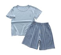 Kids Set 2PCS Outfit Boys Girls with Short Sleeve T-Shirt & Plaid Shorts Summer ghtwear oun ewear (Blue, 160) w33n