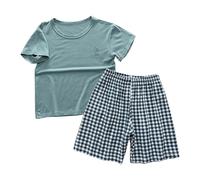 Kids Set 2PCS Outfit Boys Girls with Short Sleeve T-Shirt & Plaid Shorts Summer ghtwear oun ewear (Green, 170) w45n