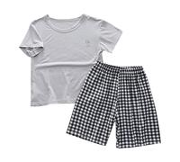 Kids Set 2PCS Outfit Boys Girls with Short Sleeve T-Shirt & Plaid Shorts Summer ghtwear oun ewear (Grey, 170) w56n