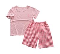 Kids Set 2PCS Outfit Boys Girls with Short Sleeve T-Shirt & Plaid Shorts Summer ghtwear oun ewear (Pink, 170) w67n
