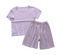 Kids Set 2PCS Outfit Boys Girls with Short Sleeve T-Shirt & Plaid Shorts Summer ghtwear oun ewear (Purple, 120) w73n