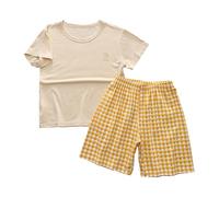 Kids Set 2PCS Outfit Boys Girls with Short Sleeve T-Shirt & Plaid Shorts Summer ghtwear oun ewear (Yellow, 150) w87n