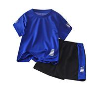 Kids Sportswear Set 2PCS Quick-Dry Short Sleeve Tee & Elastic Waist Shorts Boys Girls Summer Active Outfit Gym Play Clothes (Dark Blue, 6-7 Years) w96n