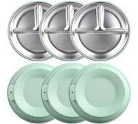 Kids SUS304 Lot de 3 assiettes en acier inoxydable avec ventouse en silicone, plats divisés pour dessert, pizza, pâtes, pain, collation, salade, vaisselle pour enfants, vaisselle saine, sans BPA, vert