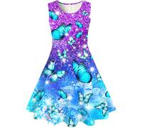 Kids4ever Filles Papillon Robe 6-7 Ans Filles Robes Flutter sans Manches Robe De Soirée Patineuse Enfants Violet Bleu Robes A-Ligne