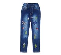 KIDSCOOL Jeans Filles Brodés Taille Élastique Côtelée 4-15T | Jeans broderies fleurs pour grandes filles, style papillon mignon, taille élastique confortable, tenue scolaire ado mode