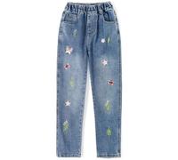 KIDSCOOL Jeans Filles Brodés Taille Élastique Côtelée 4-15T | Jeans broderies fleurs pour grandes filles, style papillon mignon, taille élastique confortable, tenue scolaire ado mode
