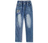 KIDSCOOL Jeans Filles Brodés Taille Élastique Côtelée 4-15T | Jeans broderies fleurs pour grandes filles, style papillon mignon, taille élastique confortable, tenue scolaire ado mode