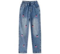 KIDSCOOL Jeans Filles Brodés Taille Élastique Côtelée 4-15T | Jeans broderies fleurs pour grandes filles, style papillon mignon, taille élastique confortable, tenue scolaire ado mode