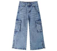 KIDSCOOL SPACE Jean Cargo Grande Fille avec Poche À Rabat, Jambe Large Et Ourlet Fendu Style Boyfriend en Denim, Bleu Clair, 12-13 Ans