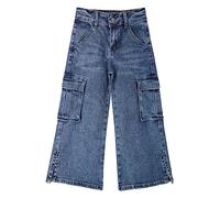 KIDSCOOL SPACE Jean Cargo Petite Fille avec Poche À Rabat, Jambe Large Et Ourlet Fendu Style Boyfriend en Denim, Bleu Foncé, 6-7 Ans