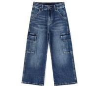 KIDSCOOL SPACE Jean Cargo pour Filles 5-13 Ans, Jean en Denim À Jambes Larges avec Poches À Rabat Et Anneau en D, Bleu Moyen, 7-8 Ans