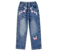 KIDSCOOL SPACE Jean pour Filles, Taille Élastique, Pantalon en Jean Extensible Brodé, Bleu, 5-6 Ans