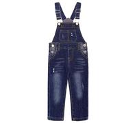KIDSCOOL SPACE Jeans Slim Fit Petits Garçons, Salopette en Denim à la Mode avec Grande Poche à Bavette déchirée, Bleu Foncé, 6-7 Ans