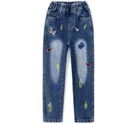 KIDSCOOL SPACE Pantalon Jeans Herbe Brodé Petite Fille,Bleu,10-11 Ans