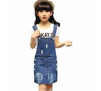 KIDSCOOL SPACE Petites Filles Robe Générale en Jean, Dungrees en Denim Déchiré et Ajustable, Bleu,12-13 Ans