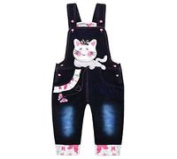 KIDSCOOL SPACE Salopette en Jean pour Bébé, Petite Fille Mignonne de Bande Dessinée Chat Jean Salopette, Bleu, 3-4 Ans