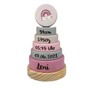 KIDSLINO Cadeau de naissance - Tour empilable arc-en-ciel rose - Cadeau de naissance - Gravure - Tour empilable avec nom et dates de naissance - Cadeaux personnalisés