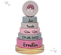 Kidslino Cadeaux de baptême Tour empilable arc-en-ciel rose I Cadeau de baptême I Gravure I Tour empilable avec nom et dates de baptême I Cadeaux personnalisés pour bébé