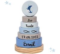 KIDSLINO Cadeaux de baptême Tour empilable lune bleue I Cadeau de baptême I Gravure I Tour empilable avec nom et dates de baptême I Cadeaux personnalisés pour bébé