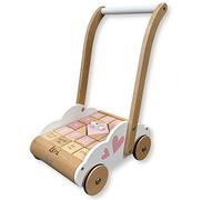 Kidslino Chariot d'apprentissage avec blocs de construction rose - Personnalisable - Jouet en bois fait à la main à partir de 1 an - Cadeaux personnalisés pour bébé - Aide à la marche pour enfants - Chariot de jeu et de poussée avec nom
