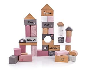 KIDSLINO Lot de 50 blocs de construction en bois rose avec boîte de rangement I Jouets en bois faits à la main à partir de 2 ans I Cadeaux personnalisés pour bébé I Jouet de motricité avec nom et