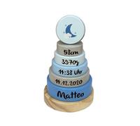 KIDSLINO Tour empilable lune bleue I Cadeau de naissance I Gravure I Tour empilable avec nom et dates de naissance I Cadeaux personnalisés pour bébé