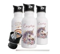 Kidsmood Gourde Enfant Personnalisable Prénom, Inox 500ml avec Paille