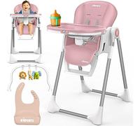 KIDUKU® Chaise Haute Bébé 3en1 avec Réducteur Nouveau-né & Bavoir | Chaise d'alimentation Évolutive Pliable avec Arche de Jeu | Chaise Haute Réglable en Hauteur 7 Positions pour 0-36 Mois (Rose)