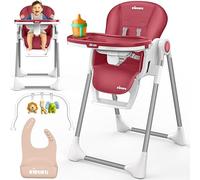 KIDUKU® Chaise Haute Bébé 3en1 avec Réducteur Nouveau-né & Bavoir | Chaise d'alimentation Évolutive Pliable avec Arche de Jeu | Chaise Haute Réglable en Hauteur 7 Positions pour 0-36 Mois (Rouge)