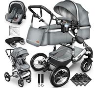 KIDUKU Poussette combinée 3 en 1 | Gris | trio bébé | siège auto léger pliable | nacelle convertible | set de voyage