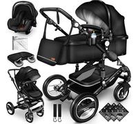 KIDUKU Poussette combinée 3 en 1 | Noir | trio bébé | siège auto léger pliable | nacelle convertible | set de voyage