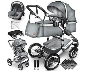 KIDUKU® Poussette Combinée 3 en 1 | Trio pour Enfants | Siége Auto Légère, Piable | Nacelle Souple Convertible | Set de Voyage (Gris)