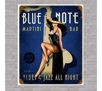 KIEJAW Blue Note Martini Bar Jazz Club Pin Up Girl Vintage Look Man Cave Garage Plaque en métal 20,3 x 30,5 cm