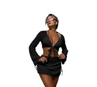 KieTeiiK Maillot de bain 4 pièces pour femme avec haut court et jupe de plage, couleur unie, maillot de bain dos nu