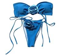 KieTeiiK Maillot de bain bandeau pour femme - Maillot de bain à fleurs - Dos nu - Maillot de bain fendu - Pour la plage - Ensemble réglable, bleu, S